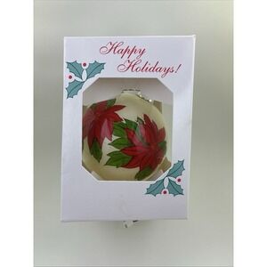 Vintage Christmas Glass Ornament Poinsetta Happy Holidays